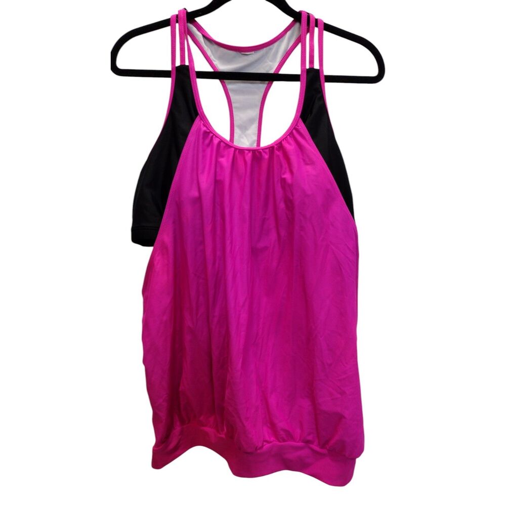 Unbranded 2-in-1 Flowy Tank Top with Built-In Sports Bra, Pink & Black